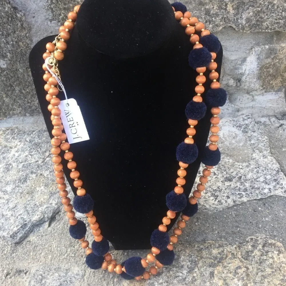 J. Crew Navy Pom-Pom & Beads Layered N…
